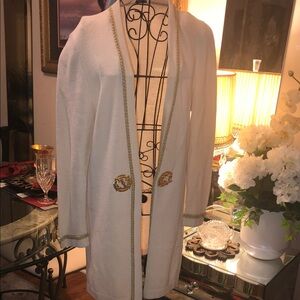 St. John Collection White Long knit Cardigan with Gold Trim